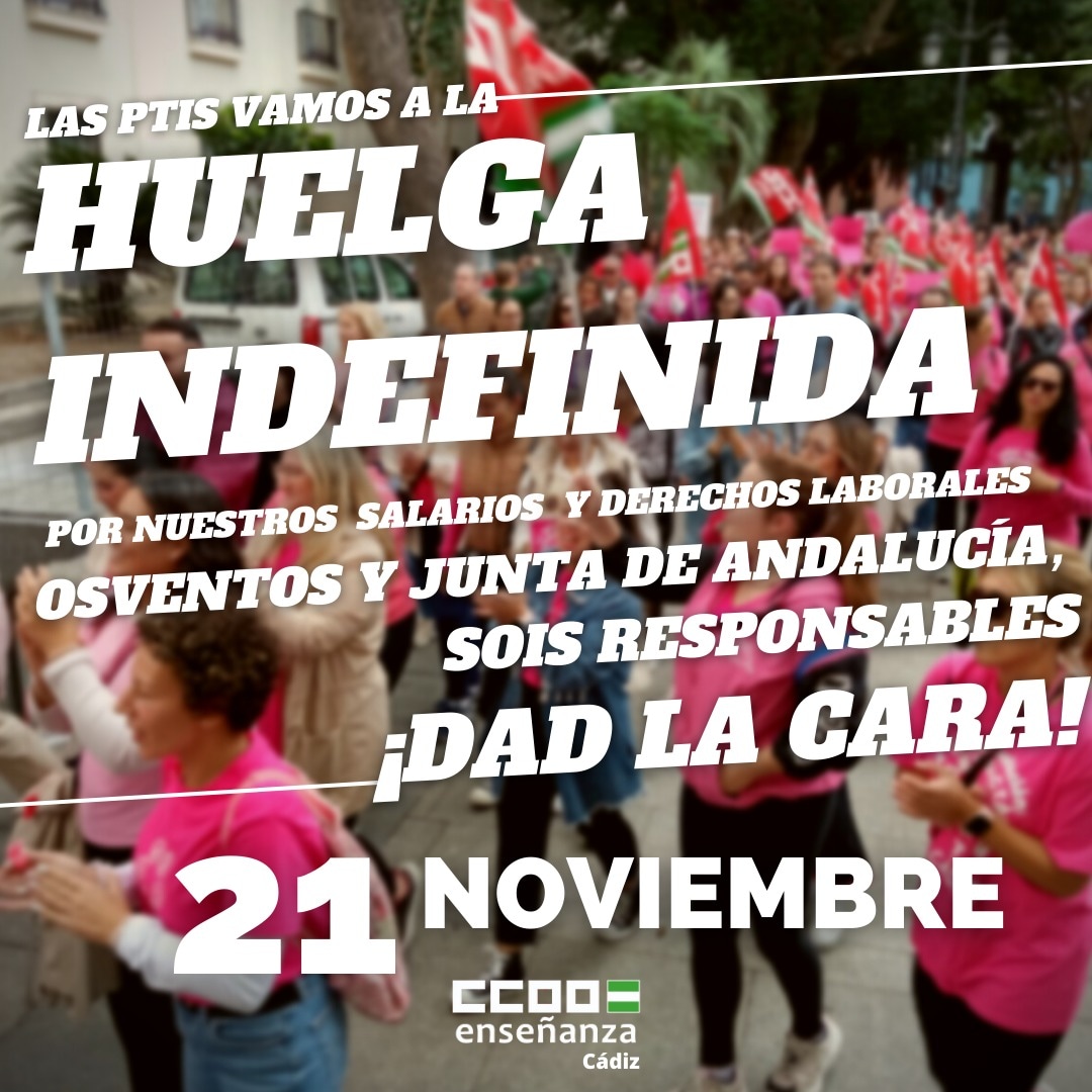 🔥 Las PTIS dicen SE ACABÓ. ¡La única solución es la subrogación!
🤬 @EducaAnd y @Osventos_, dad la cara.
💚 Apoya a tus compañeras en lucha.
💪💪 CCOO por la pública y con sus trabajadores y trabajadoras.
@ccoocadiz @CCOO_CG @feccoo @feccooand