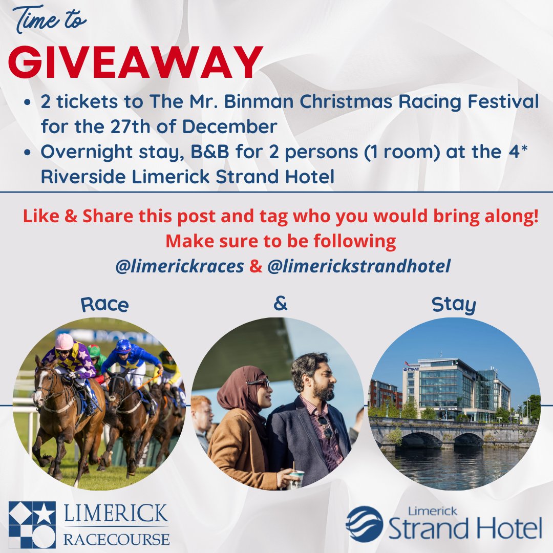 **GIVEAWAY**Like &amp; Share**

Thanks to The @limerickstrandhotel we have an amazing prize to giveaway for the Christmas Racing Festival

Like, Share and Tag who you would bring to The Christmas Racing Festival, make sure to also follow @limerickraces and @limerickstrandhotel