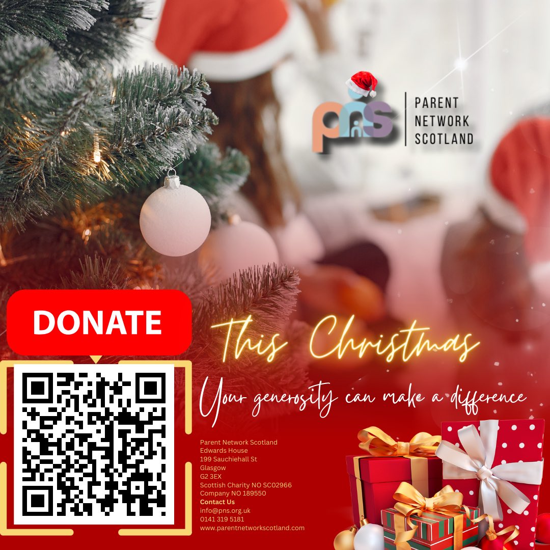 Your donations really help towards Christmas gifts and vouchers, supporting families in need to have a cracking Christmas Dinner and enjoy their festivities. Please feel free to donate & join us in helping them celebrate this season! Scan the QR code or ➡️parentnetworkscotland.com