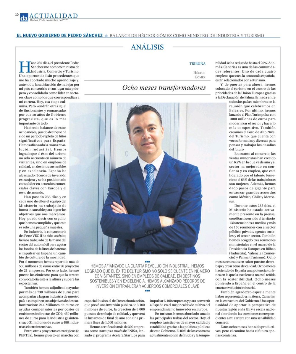 ✍️ He escrito una columna sobre el trabajo bien hecho estos meses por @mincoturgob. Es un orgullo haber dado absolutamente todo por este país y su transformación industrial. De nuevo, agradecido.
diariodeavisos.elespanol.com/2023/11/ocho-m…