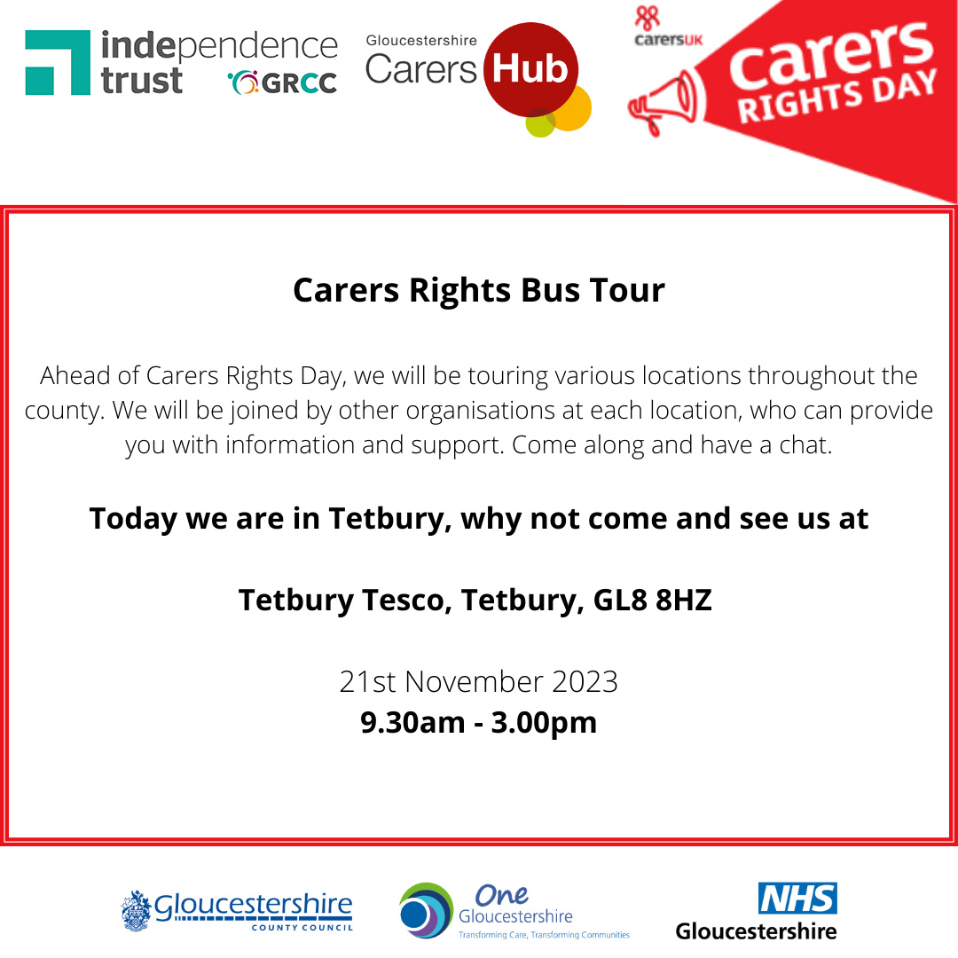 We'll be at #Tetbury Tesco on the NHS Bus today with @GCarersHub to provide support for carers about #carersrights ahead of #CarersRightsDay We'll be there 9.30am - 3pm, do come and have a chat, especially if you are a carer in need of support.