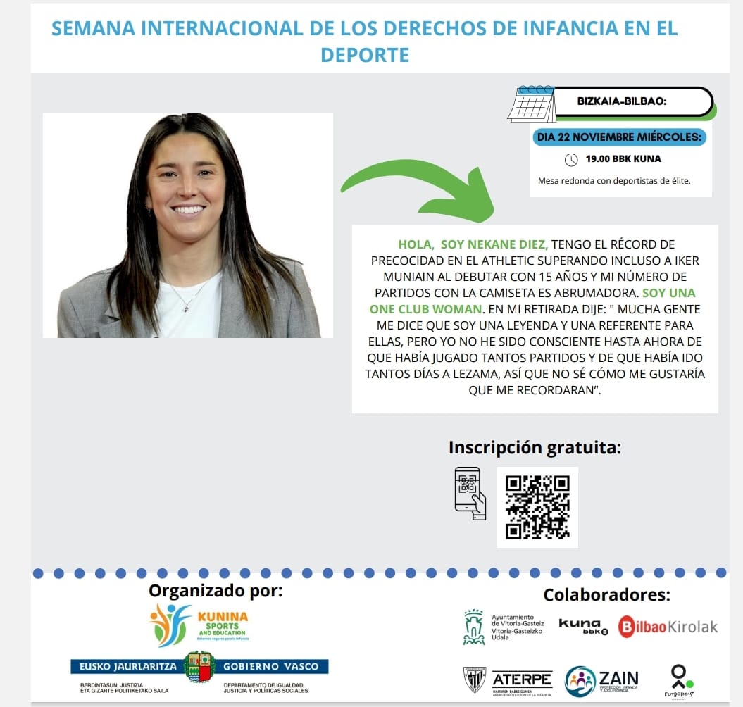 Miércoles 22 a las 19.00 en <a href="/BBK_Kuna/">BBK Kuna</a> 
<a href="/neka_7/">Nekane Diez</a> mito del <a href="/AthleticClubFem/">Athletic Club</a> hablará sobre su trayectoria deportiva , experiencias personales, retos en materia de deporte y sobre todo consejos para neskak y familias que empiezan en este mundo. #deportederechosinfancia