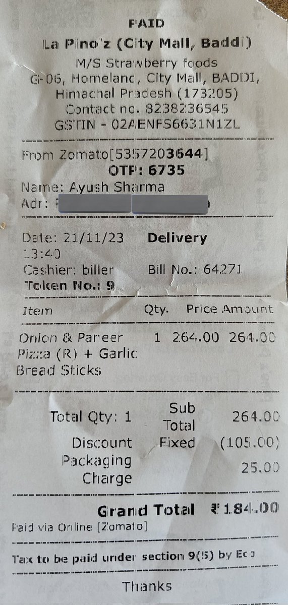 Ayush_Sharma___'s tweet photo. Charges on @Zomato ₹217 
Orignal Charges on bill : ₹184 
 ₹33.56 directly going to @deepigoyal 's account ? 
Explain it @zomato ! https://t.co/7kpoAKedsQ