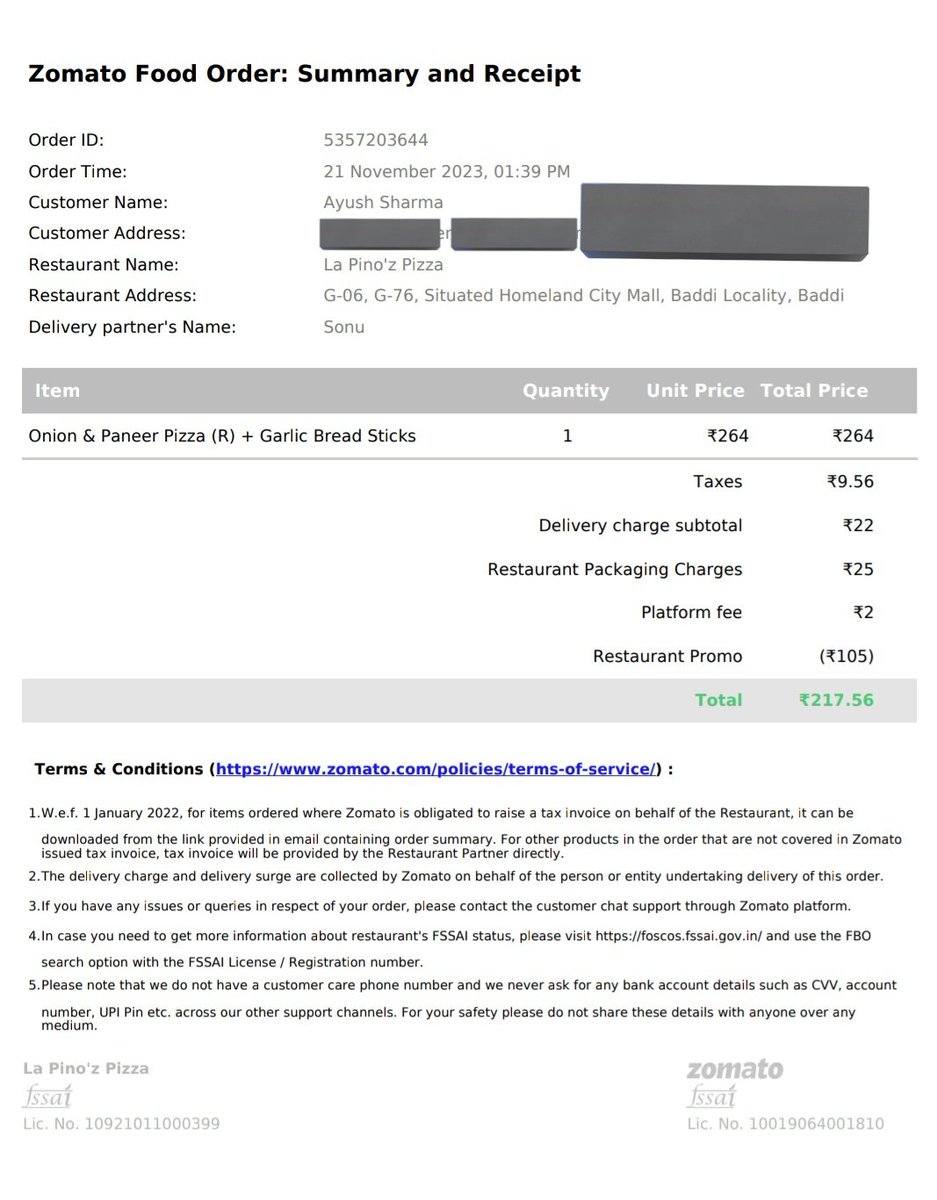 Ayush_Sharma___'s tweet photo. Charges on @Zomato ₹217 
Orignal Charges on bill : ₹184 
 ₹33.56 directly going to @deepigoyal 's account ? 
Explain it @zomato ! https://t.co/7kpoAKedsQ