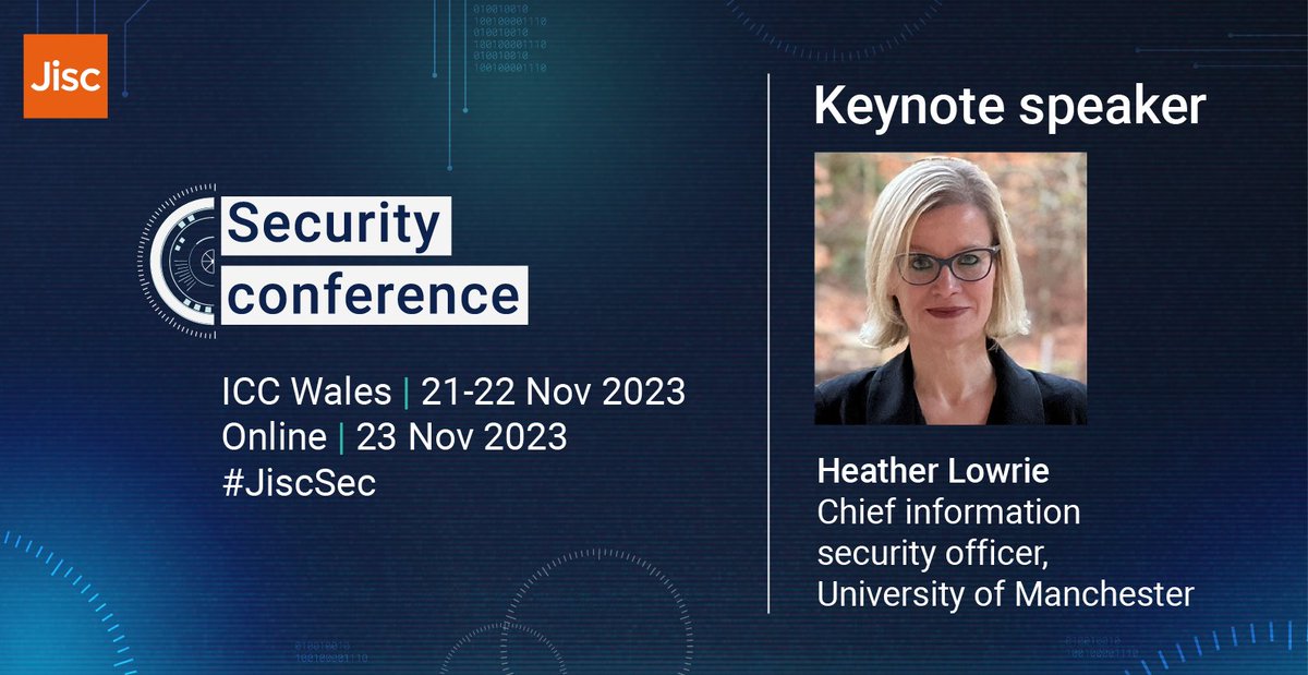 Jisc's tweet photo. Our first keynote of #JiscSec is about to get underway! Join @OfficialUoM's Heather Lowrie to explore the incident response and security roadmap utilised during their recent cyber attack. https://t.co/HKwhF0djQW