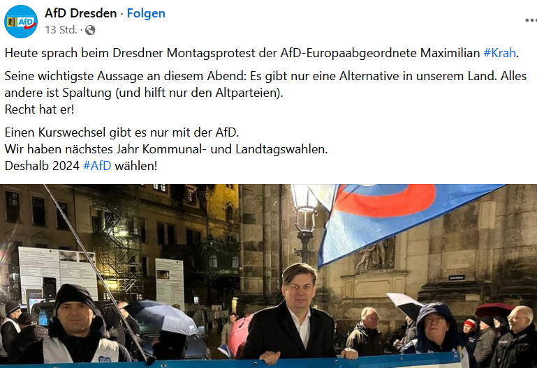 utopisdde's tweet photo. Oh-oh, das riecht wieder nach braunem Ärger: Krah hat bei seinem gestrigen Auftritt beim rechten Dresdner Montagsprotest laut betont, dass es "nur eine Alternative in unserem Land" gibt - "Alles andere ist Spaltung".
Dass fanden seine Gastgeber irgendwie nicht so toll. 🍿
#DD2011 https://t.co/k5bSC6Fp2l