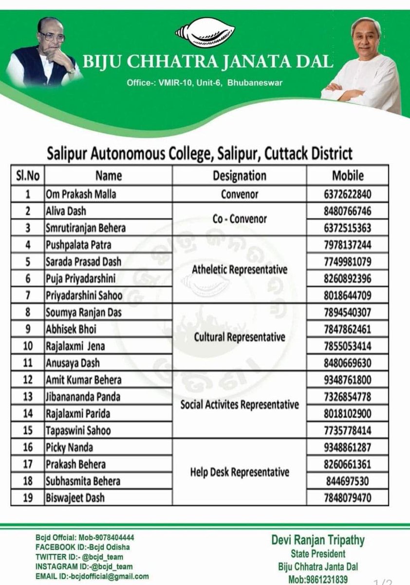 BcjdDistrict's tweet photo. Congratulations to all the newly appointed Committee members of Campus Committee of Salipur Autonomous College, Biju Chhatra Janata Dal. https://t.co/sf8kaeSZtD