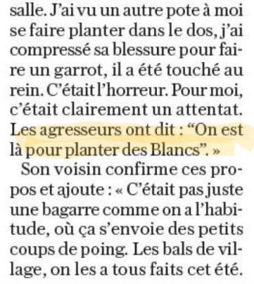 MarionMarechal's tweet photo. Désormais le racisme anti-blancs frappe jusque dans nos campagnes. 
À #Crépol, deux témoins racontent dans le @ledauphine que les barbares voulaient “planter des blancs”. 
C’est la chasse aux Gaulois. https://t.co/DEeoyN6TYL