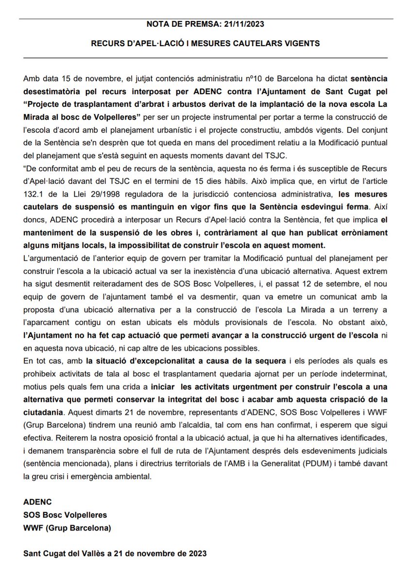 Les mesures CAUTELARS de suspensió es MANTENEN EN VIGOR fins que la
sentència esdevingui ferma.
Ens sobta que, tant els partits polítics, com els serveis jurídics de l'<a href="/ajsantcugat/">Aj. Sant Cugat</a>, com els mitjans de comunicació <a href="/cugatmedia/">Cugat Mèdia</a>, no l'hagin llegit amb atenció.
<a href="/josepmvalles/">Josep Maria Vallès</a>