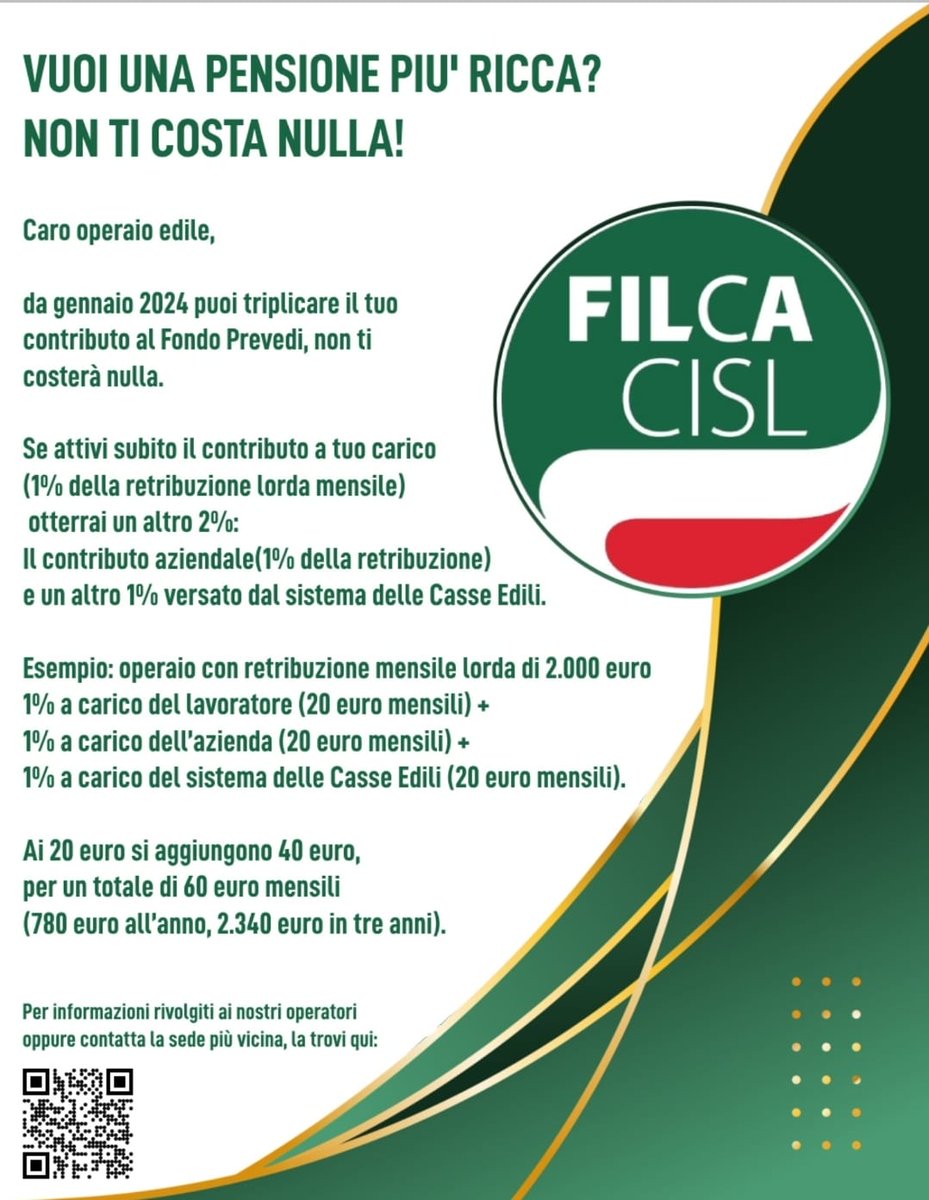 👉 Ottime notizie per i lavoratori dell'#edilizia! È possibile portare da 20 € al mese a 60 € al mese il contributo al Fondo Prevedi, senza costi aggiuntivi.
E così la #pensione sarà più ricca.
✅️ Per informazioni è possibile contattare le nostre sedi: filcacisl.it/sindacato/le-s…