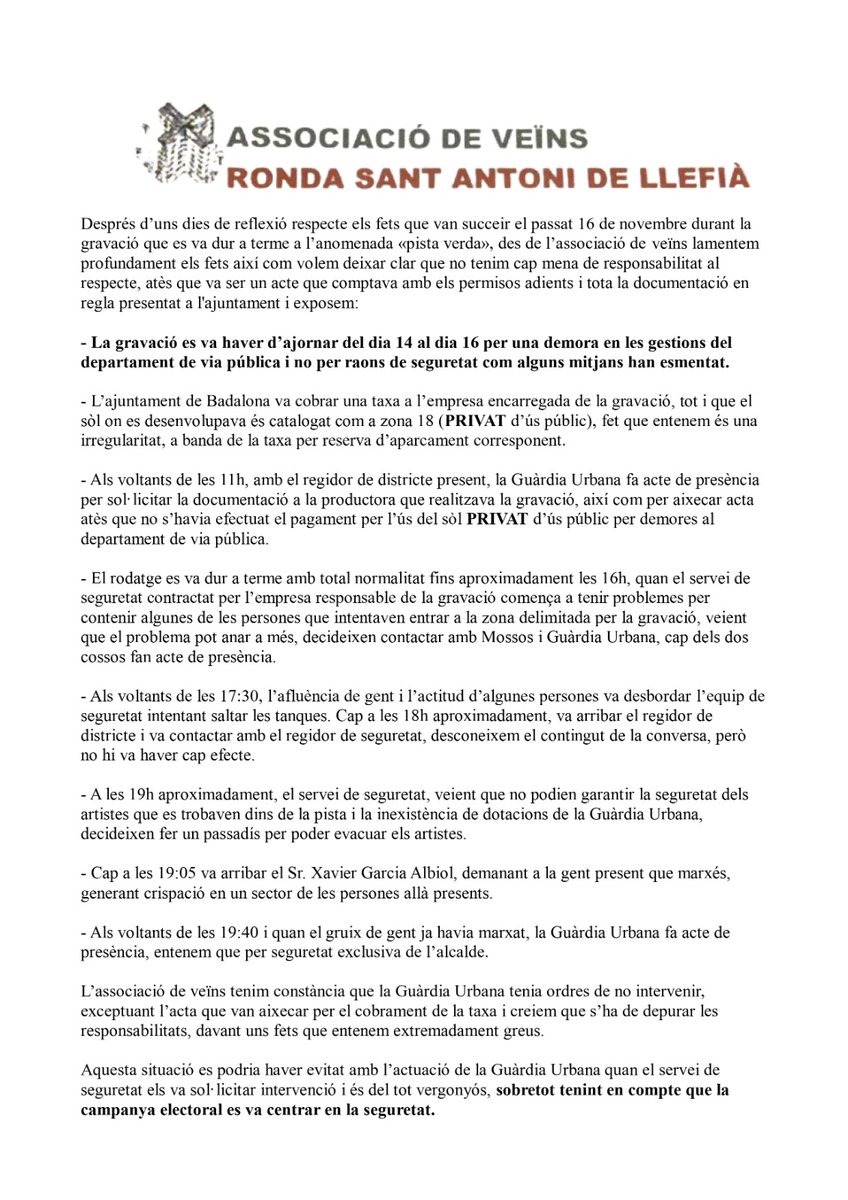 ⚠️ Davant dels fets que van succeïr el passat 16 de novembre a la coneguda com a "pista verda" de #Llefià, des de l'associació de veïns volem deixar clar es va desenvolupar tot: