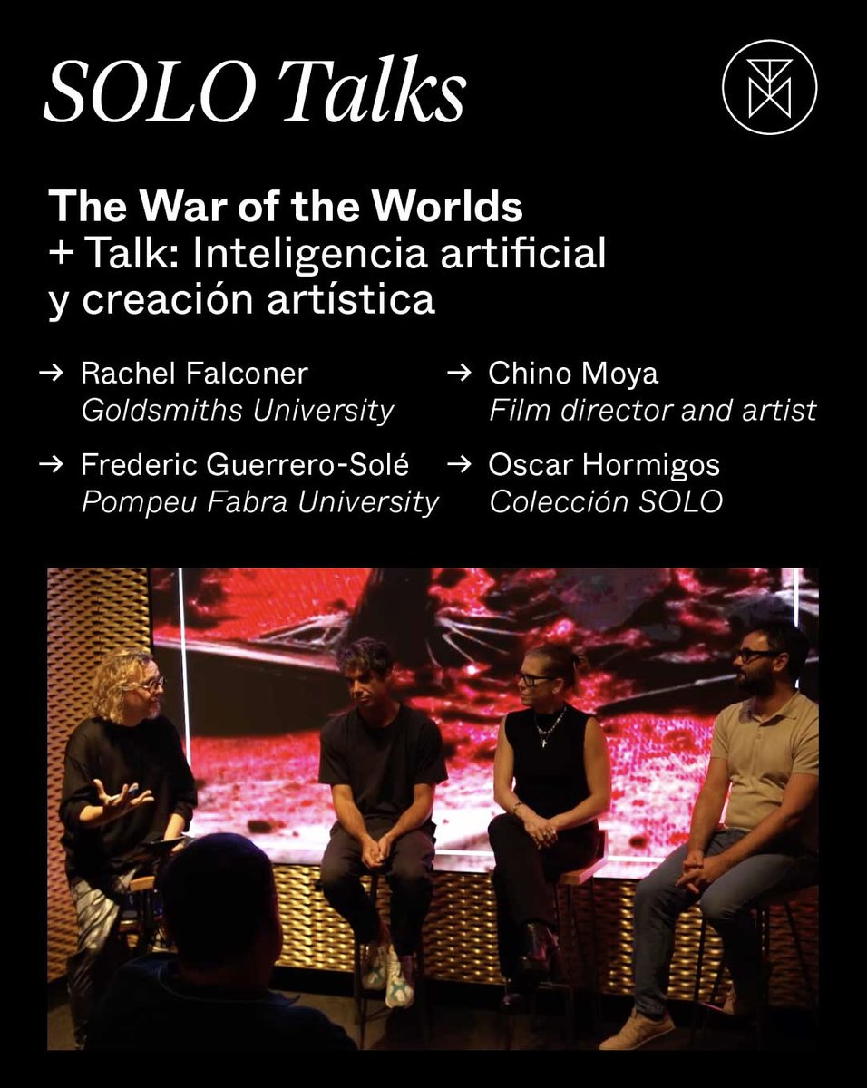 #SOLOTalks | Inteligencia artificial y creación artística

🗣 Rachel Falconer (Head of Digital Arts, <a href="/GoldsmithsUoL/">Goldsmiths, University of London</a>), Frederic Guerrero-Solé (professor at <a href="/UPFBarcelona/">UPF Barcelona</a>) and the artist Chino Moya <a href="/ChChino1138/">chino moya</a> reflect on the impact of #AI in the creative industries.