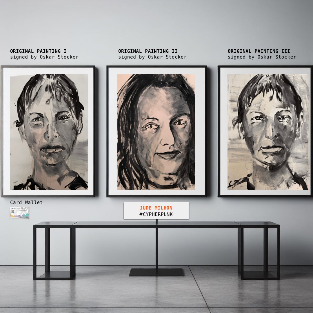 Jude Milhon was a pioneer &amp; an icon for female developers. For the 'Cypherpunks Art Collection I', Oskar Stocker, crafted 3 original portrait paintings, each measuring 100x70cm. 2 of them are inspired by the iconic mugshot of the freedom fighter &amp; #Cypherpunk activist St. Jude.