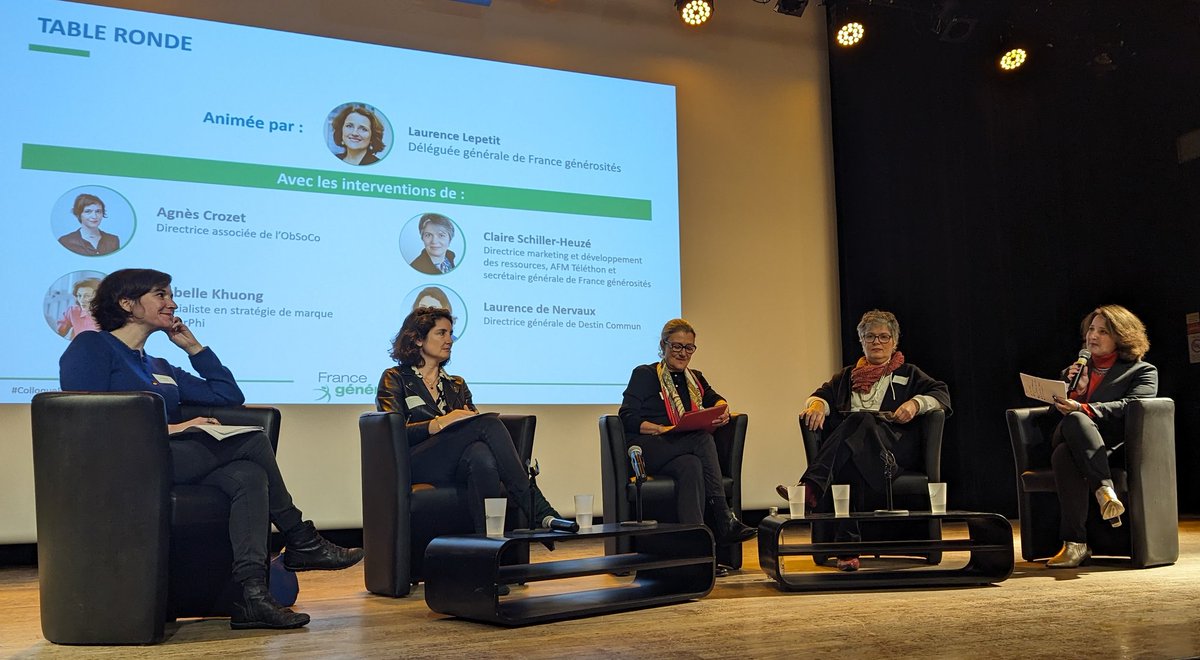 🔴 Début de la table ronde de notre #colloqueFG “(R)éveiller la générosité des actifs !” avec @AgCrozet de l’@lobsoco, @ClaireH_2012 de @Telethon_France et secrétaire générale de France @generosites, Isabelle Kuong du @Cerphi_org et @LdeNervaux de @Destin_commun👇 #Thread