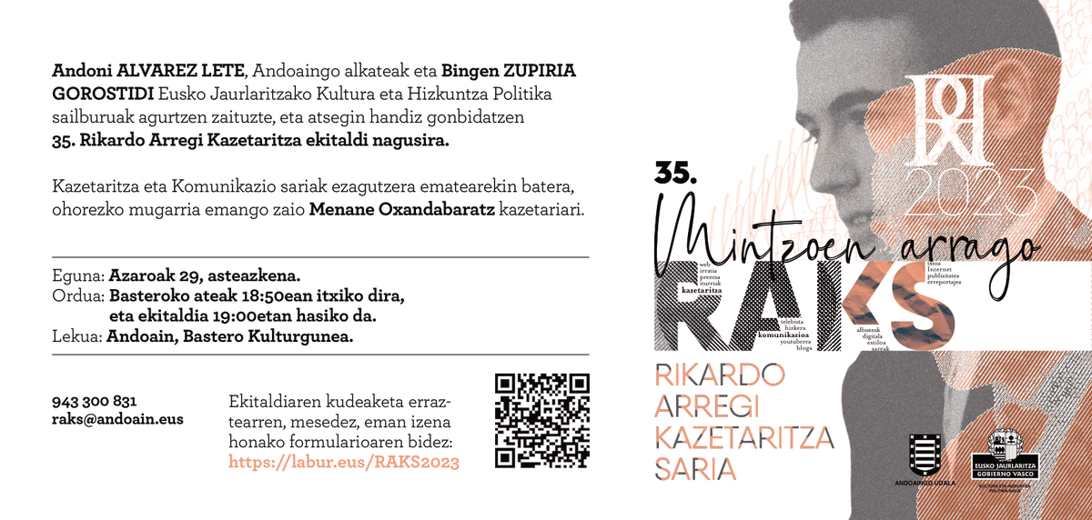 [ RAKS sari banaketa ]

🗓️ Azaroak 29, asteazkena
🏦 Bastero kulturgunean
🕥18:50ean ateak itxiko dira

🖊️Ekitaldira etorri nahi baduzu, eman izena: labur.eus/RAKS2023

rikardoarregikazetaritzasaria.eus