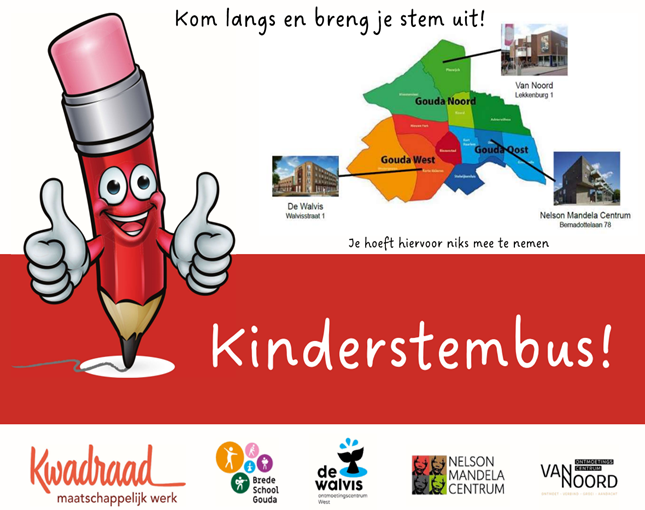 Morgen, 22 november, stemmen in Gouda niet alleen alle volwassenen voor de Tweede Kamerverkiezingen.Ook de Goudse kinderen kunnen stemmen! Met de ‘kinderstembussen’ krijgen kinderen tot (+/-) 12 jaar de kans hun stem uit te brengen op hun favoriete wijkactiviteit.