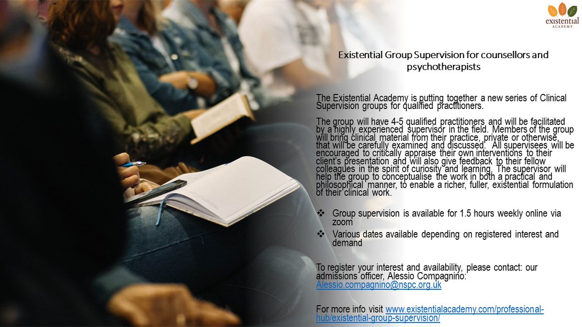 ExistPsych's tweet photo. The Existential Academy is offering Clinical Supervision groups for qualified practitioners.  Join our small, insightful group led by an experienced supervisor to deepen your clinical practice. Explore, learn, and grow together! 
#Existential #ClinicalSupervision #Psychotherapy https://t.co/SWjNRiTVHa