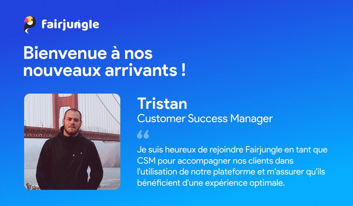 fairjungle's tweet photo. [Welcome to Fairjungle ! #3]

Une troisième recrue en un mois ! Nous avons le plaisir d'accueillir Tristan qui nous rejoint en tant que CSM !

👤Son rôle sera d'accompagner nos clients dans l'utilisation de notre plateforme pour leur assurer une expérience optimale.

Bienvenue ! https://t.co/s7L2F1XIhk