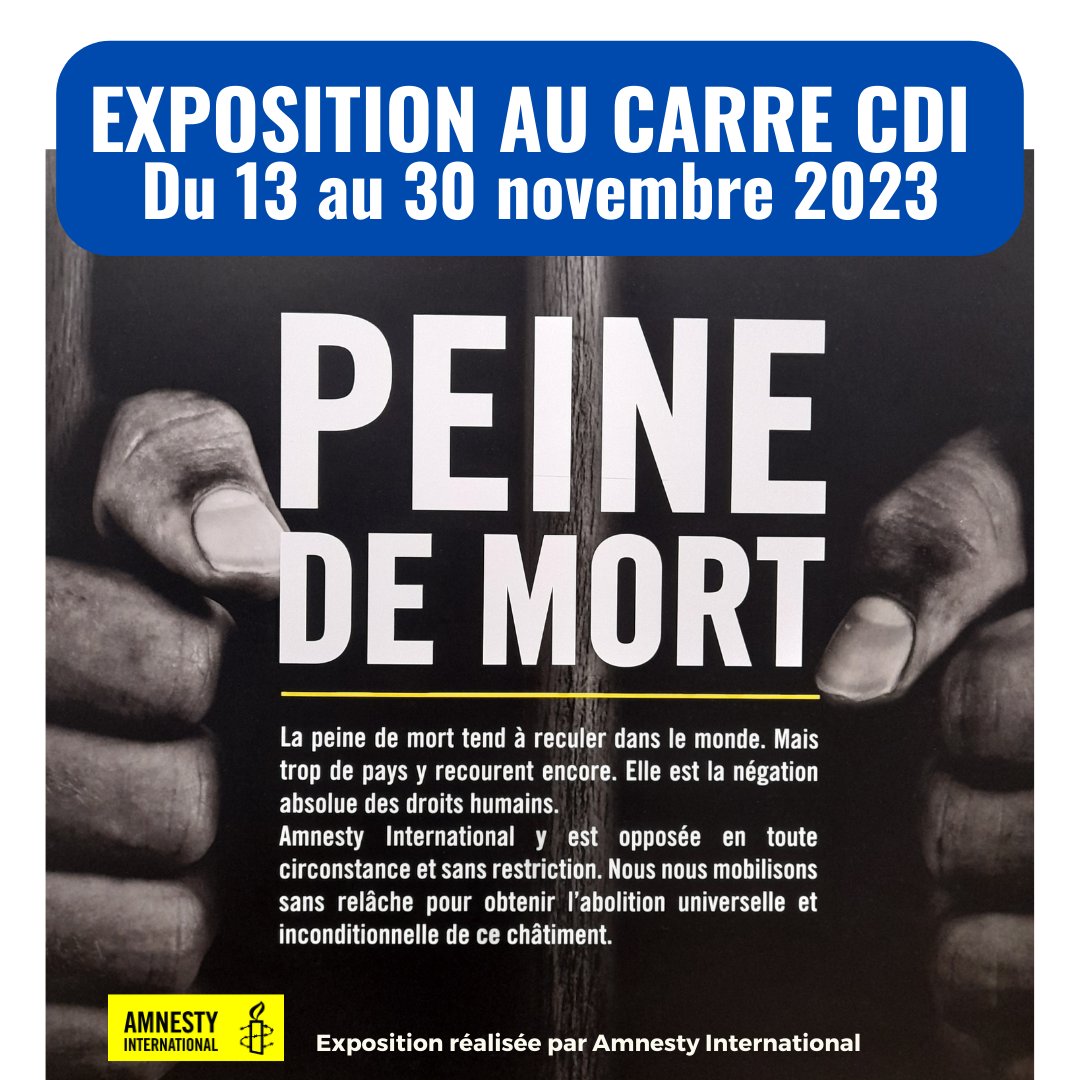 Le Carré CDI accueille du 13 au 23 novembre 2023 l'exposition de <a href="/amnestyfrance/">amnestyfrance</a> sur la question de peine de mort dans le monde. #expo #amnestyinternational #droitshumains #peinedemort
