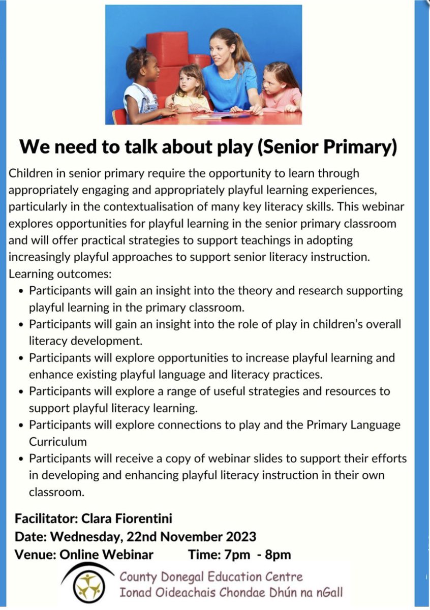 🟢We Need to Talk about Play (Senior Primary)🟢 This webinar explores opportunities for playful learning in senior primary and will offer strategies to support teachings in adopting increasingly playful approaches to support senior literacy. donegaledcentre.ie/primary-course…