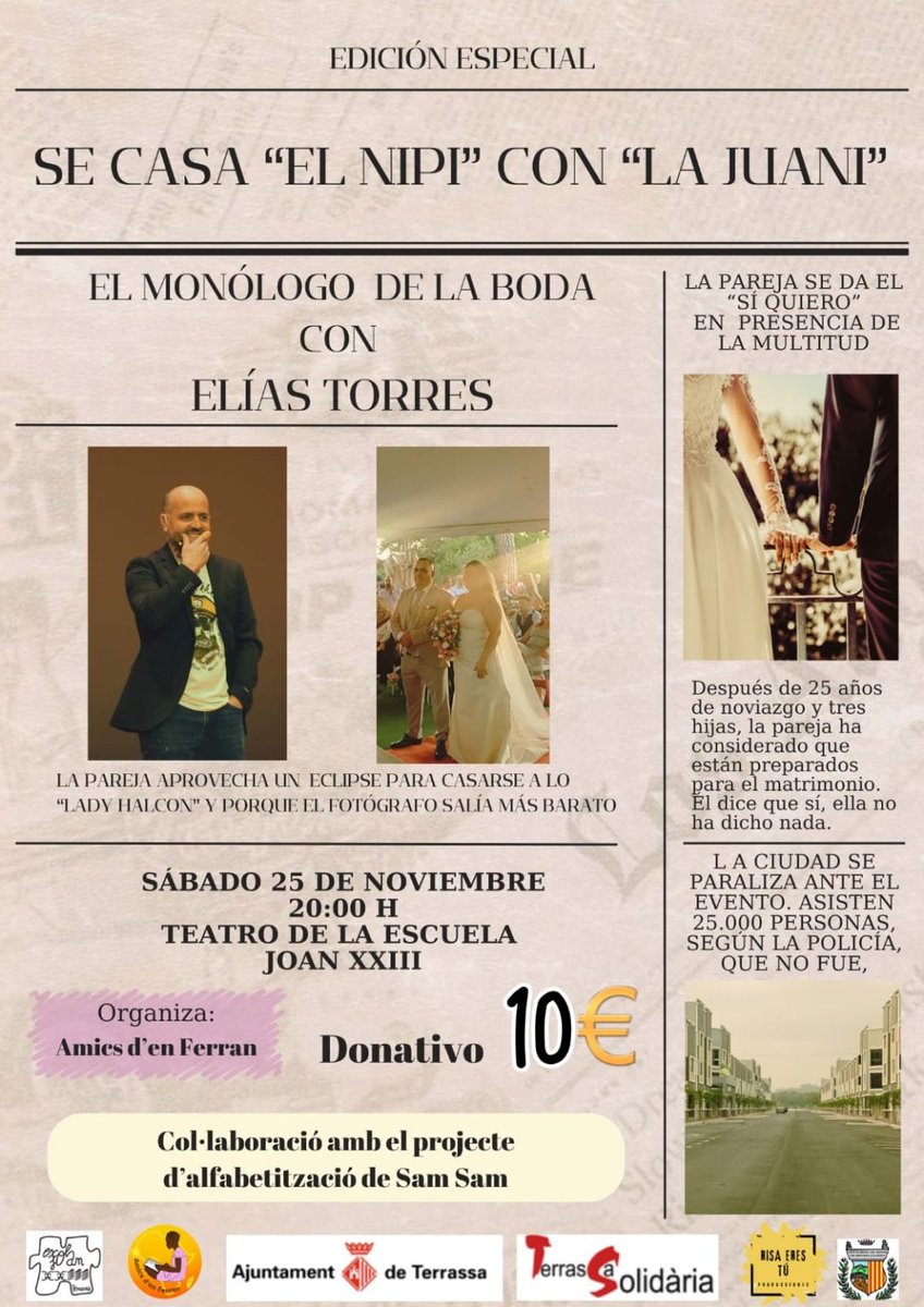 CanalTerrassa's tweet photo. 🎭| Elías Torres (@ETcatena) porta a #Terrassa un monòleg a benefici d’#AmicsDenFerran 

🗓️Dissabte, 25 de novembre
🕗a les 20h
📍Escola Joan XXIII

+ℹ️👉https://t.co/3XAovceYBq #Terrassa https://t.co/2FzLKcLYAa