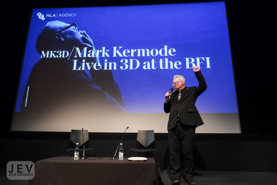 In my head @kermodeonfilm is celebrating the new slide background for the #mk3d show at the @bfi Personally I am very happy with how they look, seeing my work this size is cool (although inside I am just pleased the client is using them and that the quality is high enough!)