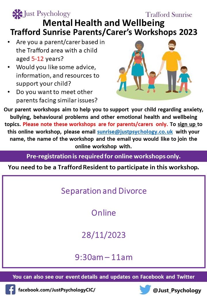This workshop aims to explore the issues that children can face when their parents separate and/or divorce. We think together about how to support children with their understanding of this and the changes that can come with this. To sign up, follow the instructions on the poster.