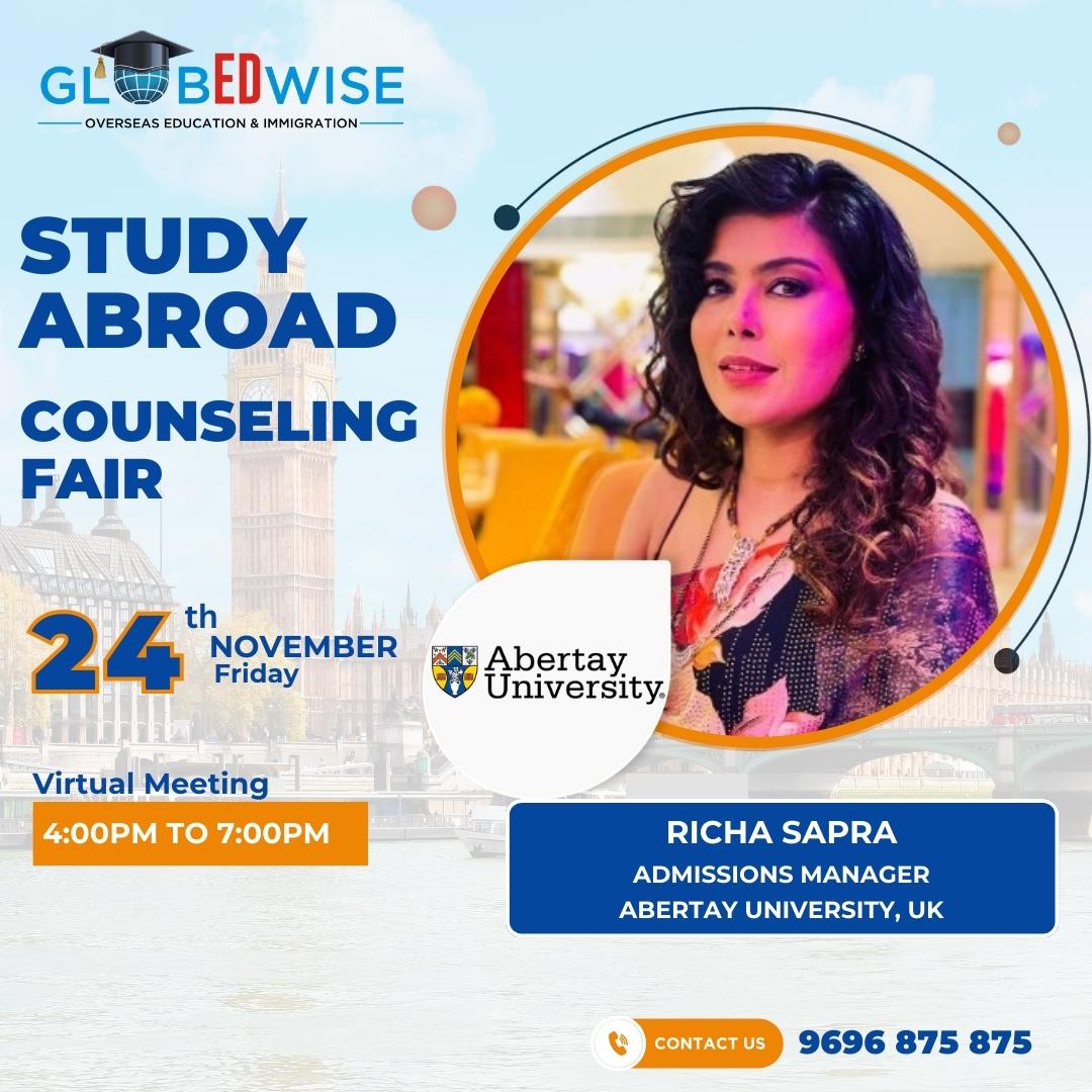 We warmly welcome Ms. Richa Sapra, Admissions Manager from Abertay University in the UK, to our event. Her presence adds great value, and we are excited about her participation.

#studyinuk #abertayuniversity #educationfair #studyabroad #studyabroad2023 #abroadeducation