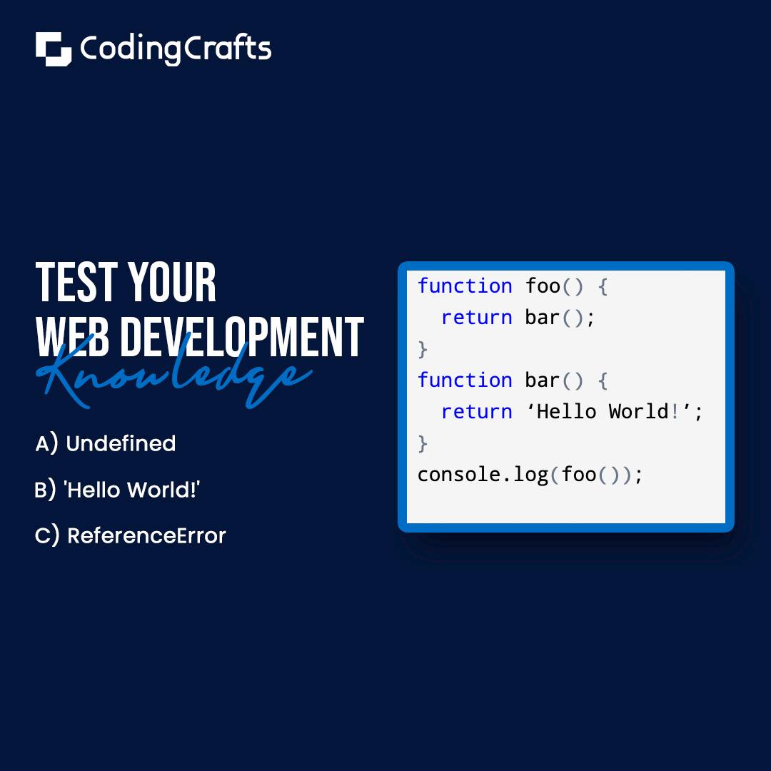 CodingCrafts's tweet image. Ready for a challenge? Take our Web Development Quiz and put your skills to the test! 🤓💡

What&apos;s your answer? Comment below! 📝💬

#codingcrafts #WebDevQuiz #CodingChallenge #WebDevelopment #webdevelopmentchallenge #skillschallenge #webdevelopmentskills #webdevelopmenttest