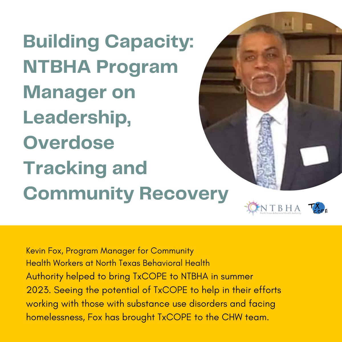 Tx_COPE's tweet photo. Check out Kevin Fox - Program Manager for Community Health Workers at @NTBHA6
Fox was seeking tools to assist his team in their overdose prevention efforts in Dallas. Read more about CHW's efforts at the link in bio!

#communityfirst #enrolledorganization #txcope #healthworkers https://t.co/AtjtQdSXk7