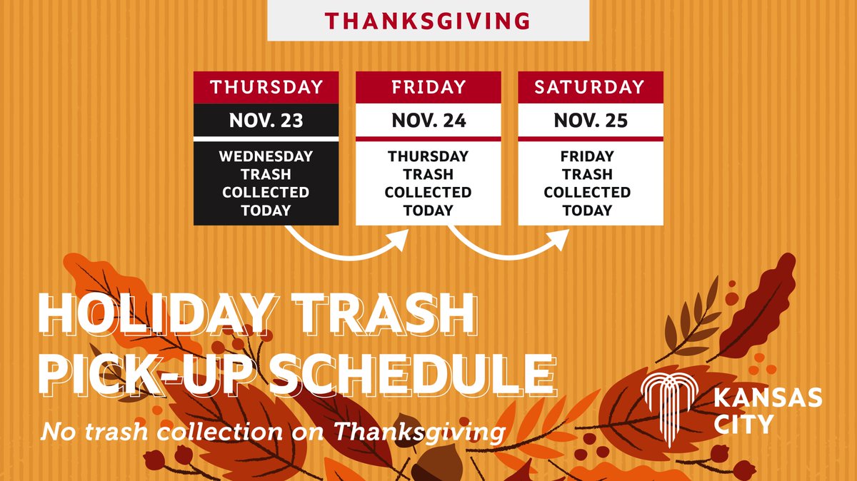 KansasCity's tweet photo. City offices will be closed on Thursday, Nov. 23, in observance of Thanksgiving Day. Please note that trash services will be impacted on this day. 🦃🗑️♻️ https://t.co/3OjbInJTuR https://t.co/lMtBHHsY1p