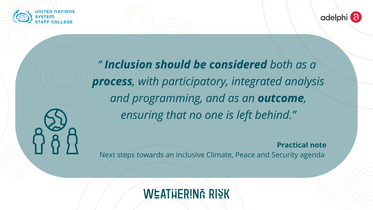 Despite advancements, marginalised groups are often left out of conversations on #Climate, #Peace & #Security. This practical note, developed by @adelphi_berlin @UNSSC, is a useful resource for #InclusiveCPS. 📑adelph.it/InclusiveCPS
