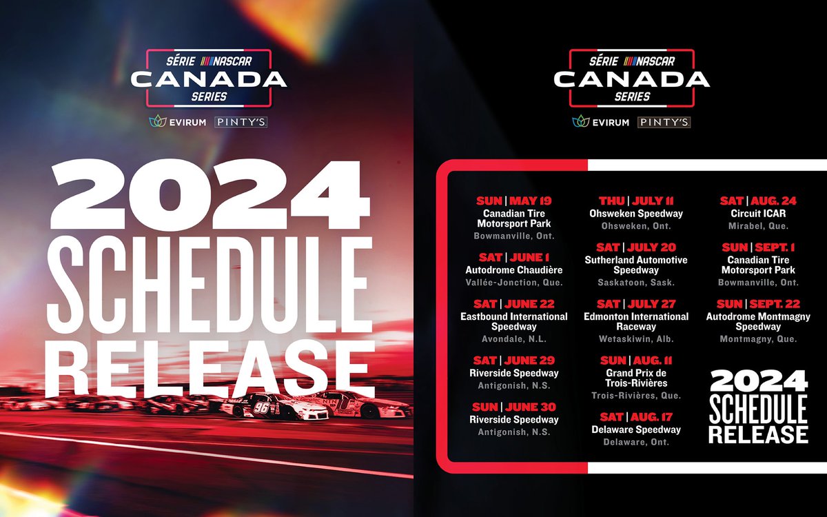 NEW LOOK. NEW SCHEDULE. NEW TRACKS. 🇨🇦

Get ready! The 2024 season is coming in hot 🔥

ICYMI: bit.ly/3urVZMV

#NASCARCanada