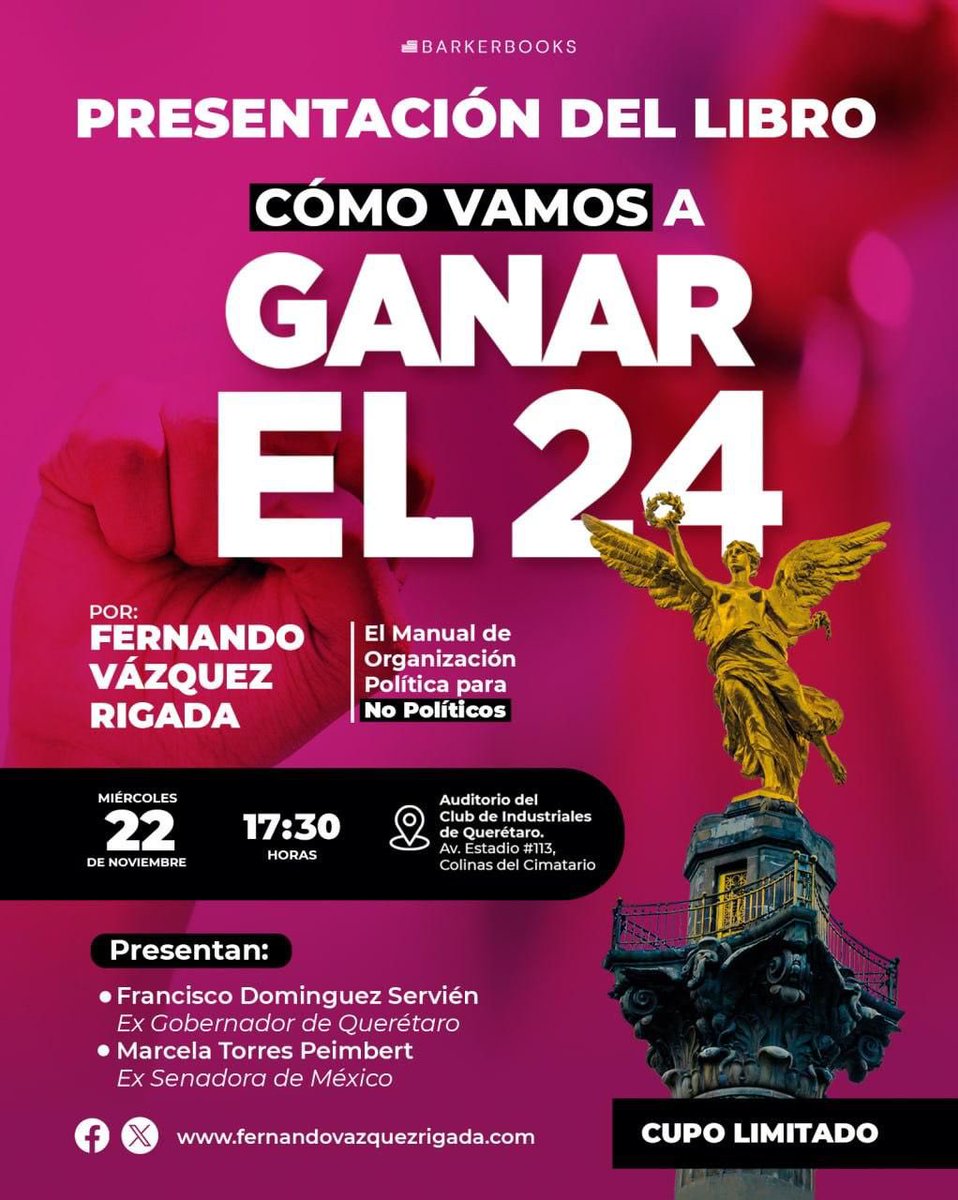 ClubdeIndu7530's tweet photo. Los invitamos este miércoles 22 de noviembre en el Club de Industriales de Querétaro a la presentación del libro “Cómo vamos a ganar el 24” por @fernandovazquezrigada.

Lino de registro:

https://t.co/lD9CnJIhh4 https://t.co/eMoyHezftH