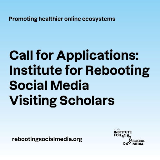 Berkman Klein Center for Internet & Society (@bkcharvard) on Twitter photo NEW: The Institute for Rebooting Social Media <a href="/BKCHarvard/">Berkman Klein Center for Internet & Society</a> is accepting applications for its 2024-2025 cohort of Visiting Scholars. Faculty committed to improving the current state of social media are encouraged to apply! Deadline: 01/08/24
Learn more: brk.mn/2425vscall NEW: The Institute for Rebooting Social Media <a href="/BKCHarvard/">Berkman Klein Center for Internet & Society</a> is accepting applications for its 2024-2025 cohort of Visiting Scholars. Faculty committed to improving the current state of social media are encouraged to apply! Deadline: 01/08/24
Learn more: brk.mn/2425vscall