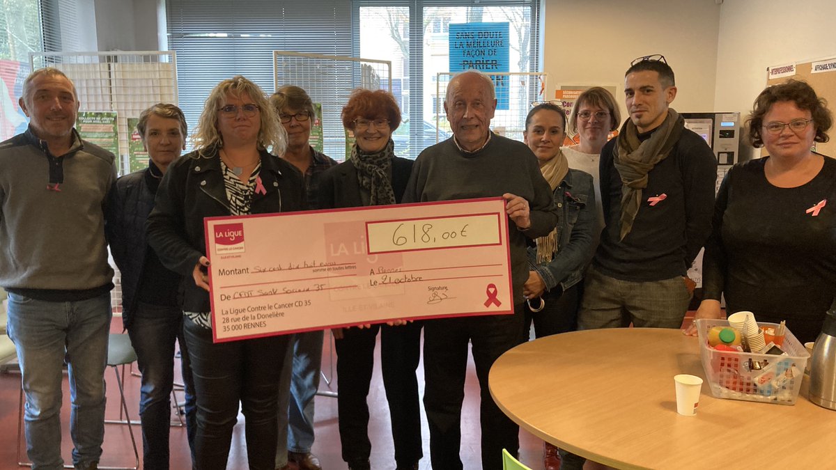 1 mois après la Marche Rose organisée par le syndicat CFDT Santé Sociaux 35, les militants ont la fierté de remettre le chèque de l'évènement aux représentants de <a href="/Liguecancer35/">Ligue vs cancer 35</a>  👏👏 Une somme destinée à accompagner le parcours de soin des malades !
<a href="/CFDT/">CFDT</a>