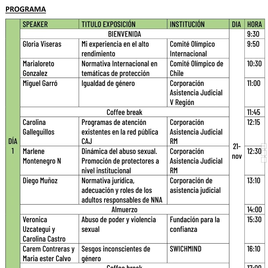 Estamos transmitiendo en vivo exposición de Directora Regional, @galleg_caro, junto a Diego Muñoz y Marlene Montenegro de CREDEN en 1er Congreso Sudamericano Deporte Seguro e Igualdad de Género 2023, convocado por <a href="/TeamChile_COCH/">Team Chile</a> 
Síguenos en:
instagram.com/cajmetrosur
<a href="/CAJ_RM/">Corporación de Asistencia Judicial Metropolitana</a>