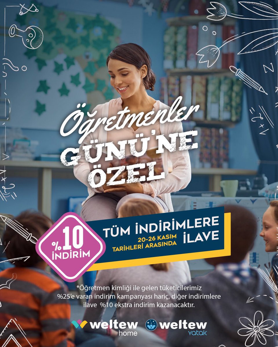 Öğretmenler Günü'ne özel Tüm İndirimlere İlave (*) %10 İndirim!

20-26 Kasım tarihleri arasında tüm ürünlerde geçerli ilave %10 İndirim fırsatı tüm Weltew mağazalarında siz değerli Öğretmenlerimizi bekliyor...💐
#24kasımöğretmenlergünü