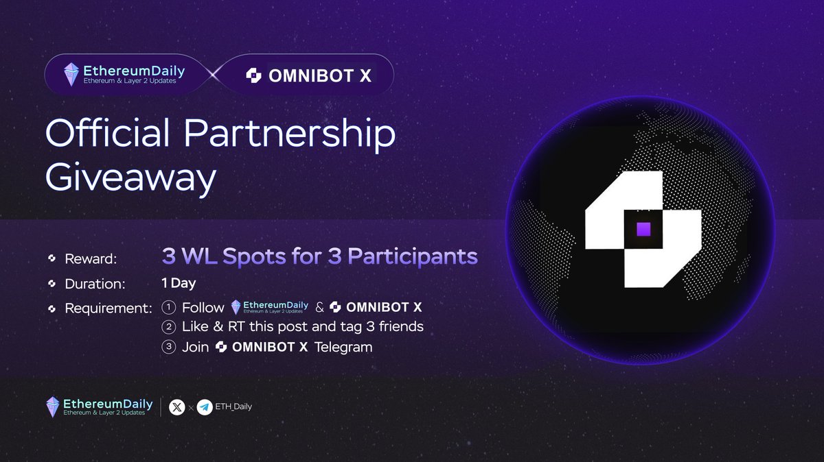 ETH_Daily's tweet photo. 🔈 PARTNERSHIP ANNOUNCEMENT - #GIVEAWAY EVENT

🎁 Prize: 3 WL Spots for 3 Participants

✔️ To Enter:

1️⃣ Follow @ETH_Daily &amp; @OmniBotX
2️⃣ Like &amp; RT this post and tag 3 friends
3️⃣ Join OmniBot Telegram
4️⃣ Comment your wallet below 👇

⏰ End in 1D https://t.co/u0rfZ6xd0M