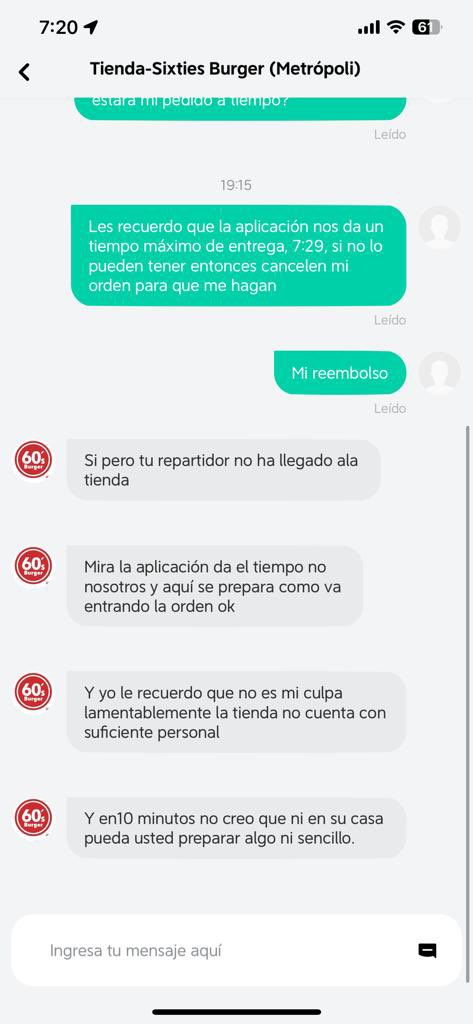 Esta es la respuesta del dependiente que atiende los pedidos de la plataforma DIDI, ni que más decir del lugar  @SixtiesMXal  final no tengo los alimentos y debo resolver para que    <a href="/DidifoodMX/">DiDiFood_MX</a> nos haga la devolución correspondiente.