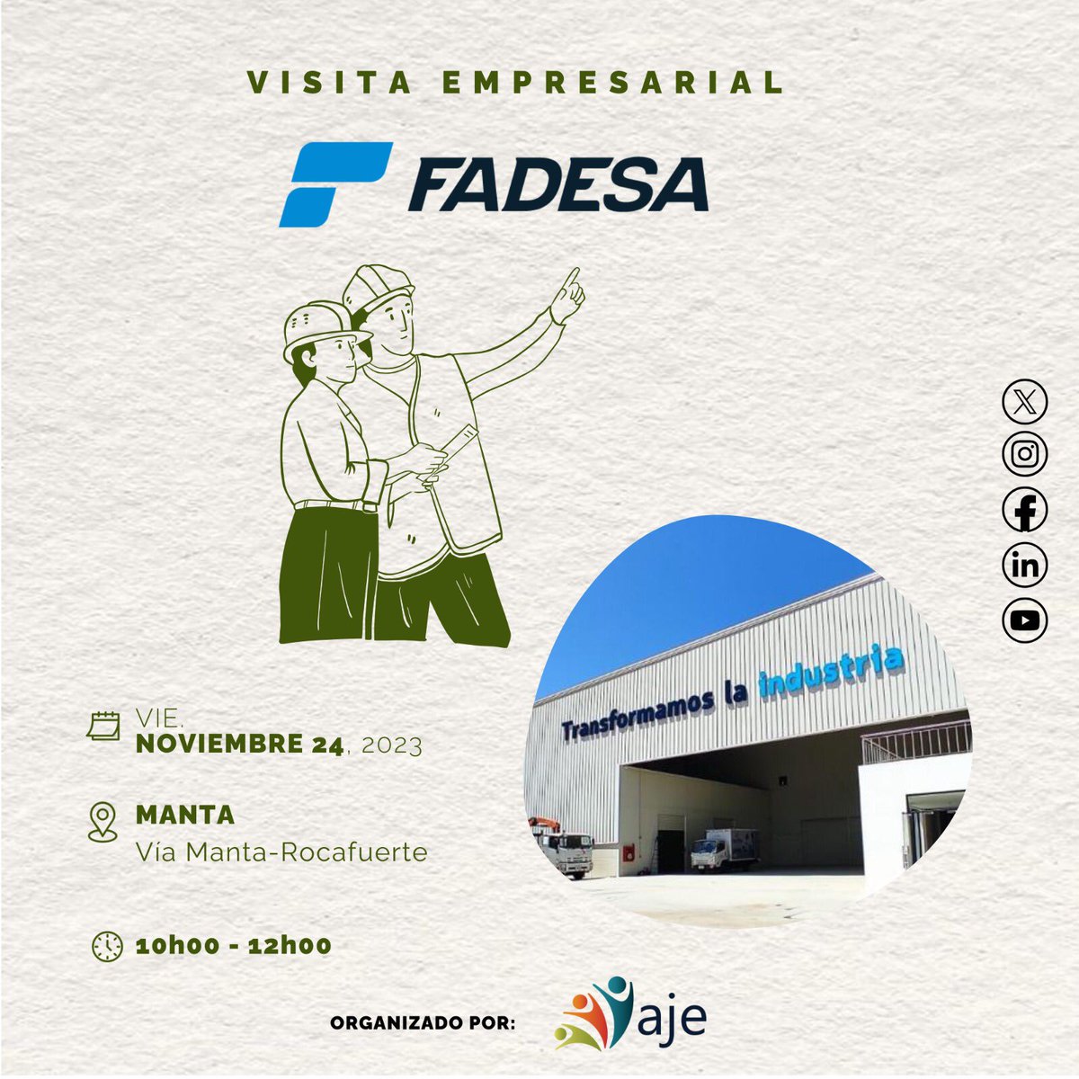 Acompáñanos este viernes 24/11 a visitar el complejo industrial de <a href="/fadesa_empaques/">Fadesa</a> en #Manabi y conoce de cerca a esta importante empresa productora de envases para distintas industrias.

Registrarte en el link 👉🏼 forms.gle/qfGUQ7ovNBAdGk…

Exclusivo para socios de <a href="/ajeecuadororg/">AJE Ecuador</a>