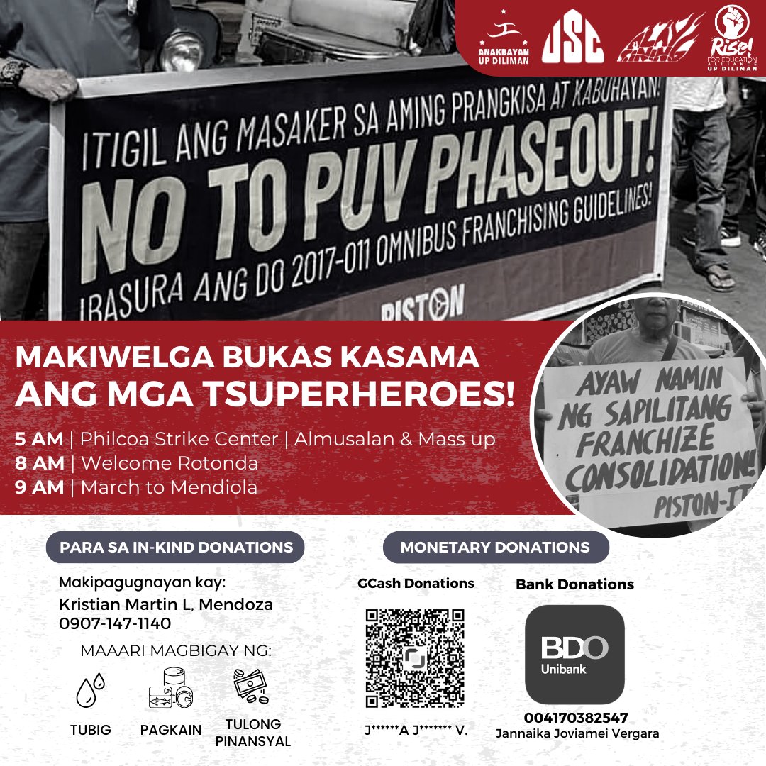 Anakbayan_UPD's tweet photo. ISKOLAR NG BAYAN, MAKIWELGA BUKAS KASAMA ANG MGA TSUPER!

5 AM | Philcoa Strike Center | Almusalan &amp; Mass up
8 AM | Welcome Rotonda
9 AM | March to Mendiola https://t.co/EPdtvAi37P