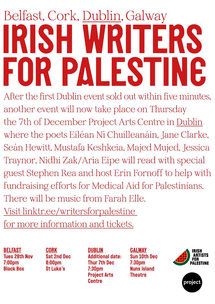 *NEW EVENT ADDED TO IRISH WRITERS FOR PALESTINE SERIES* Join us @projectarts for an evening of poetry & music to raise funds for @MedicalAidPal With some of Dublin’s finest poets, music by Farah Elle & special guest reader Stephen Rea 🇵🇸🇵🇸🇵🇸 @_IAFP projectartscentre.ie/event/poets-fo…