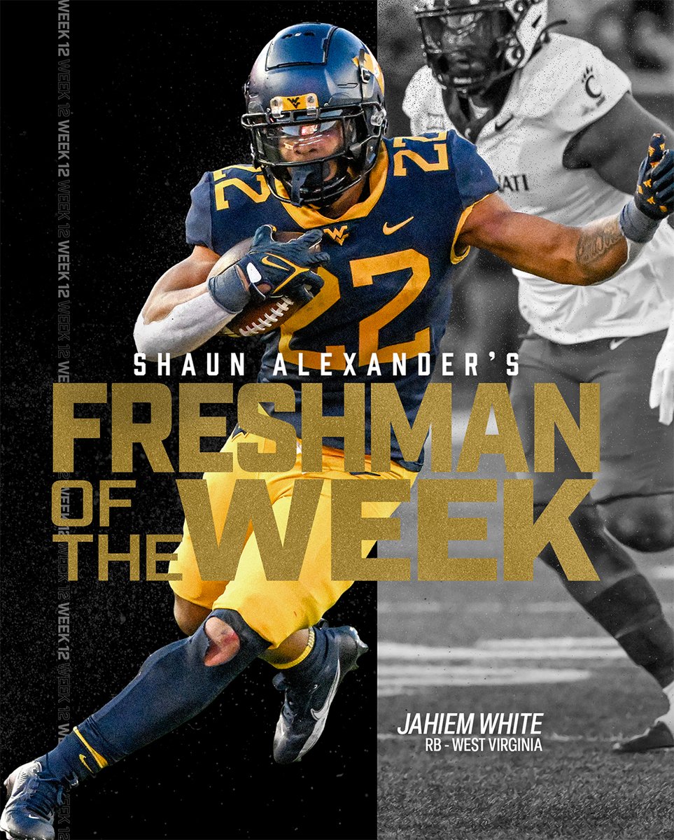 Congrats to Jahiem White, RB, West Virginia University! @JahiemWhite_305 this week’s Shaun Alexander Freshman of the Week. s/o @GenoSmith3 @Steve23Slaton @PatMcAfeeShow @BIrvin_WVU11 #PrinceOfCollegeFootball #CarrytheCoin #FinishTheGame @MaxwellFootball