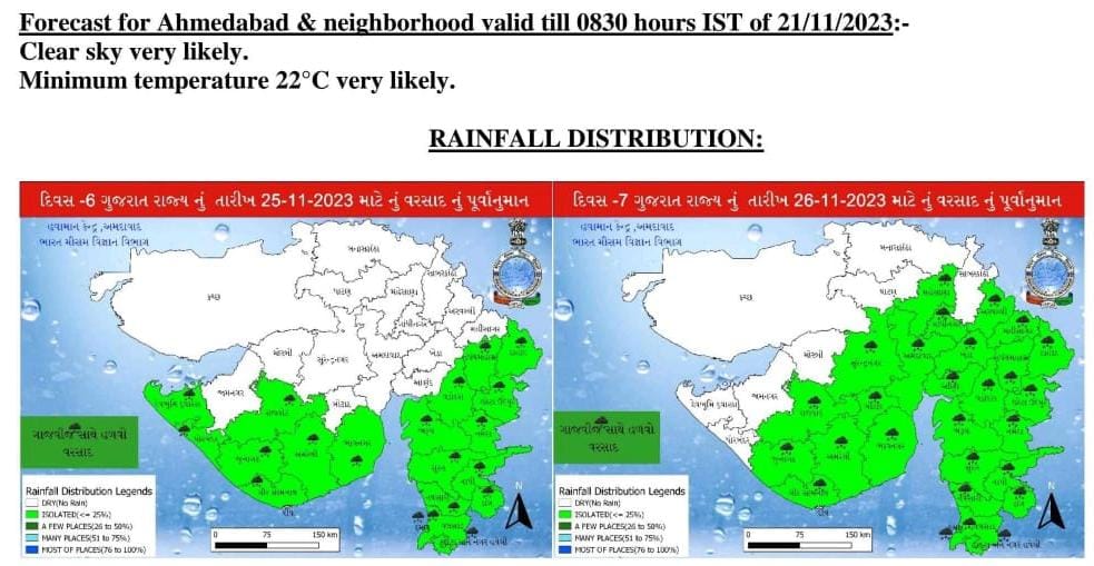 આગામી 25-26 નવેમ્બર દરમ્યાન જીલ્લામાં કમોસમી વરસાદ થવાની આગાહી છે. એ સંજોગોમાં તૈયાર થયેલો પાક ખેતરમાં ખુલ્લો પડેલો હોય તો તેને સલામત સ્થળે ખસેડવા કે ઢાંકવા ખેડૂત ભાઇબહેનોને અપીલ છે. એ જ રીતે માર્કેટ યાર્ડમાં પણ જો કોઇ જણસ ખુલ્લા મેદાનમાં હોય તો તેને સલામત કરવા સુચના છે.