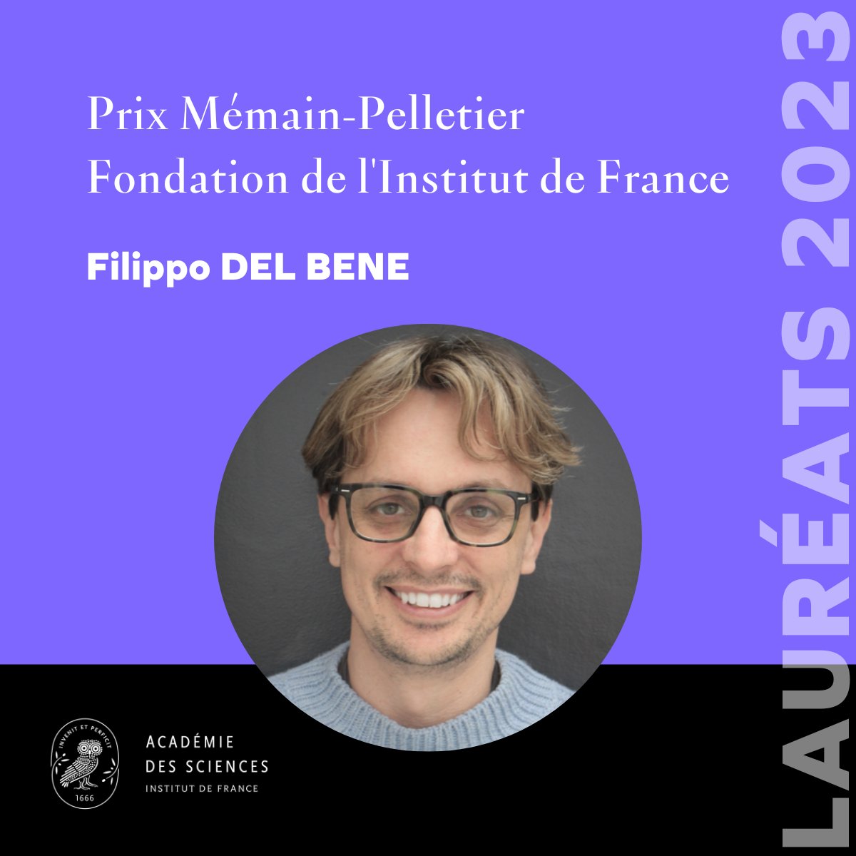 🔴 En direct de la 2e cérémonie de remise des #prixAcadSciences 2023 !

🏅 @filodelbene, Dir de recherche @Inserm, à l'@InstVisionParis, lauréat du Prix Mémain-Pelletier/Fondation de l'Institut de France

👉 youtube.com/live/EjdG1tQj8…

ℹ️ academie-sciences.fr/fr/Laureats/la…