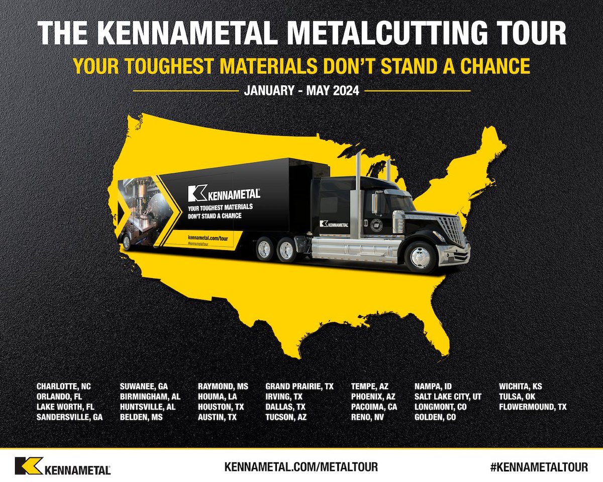 We're starting 2024 off with a bang with our #KennametalTour here in the United States. Our first stop will be in North Carolina in January! We'll bring our proven #MetalCutting solutions to you as we continue across the country through May. Learn more: okt.to/H0Eh5S