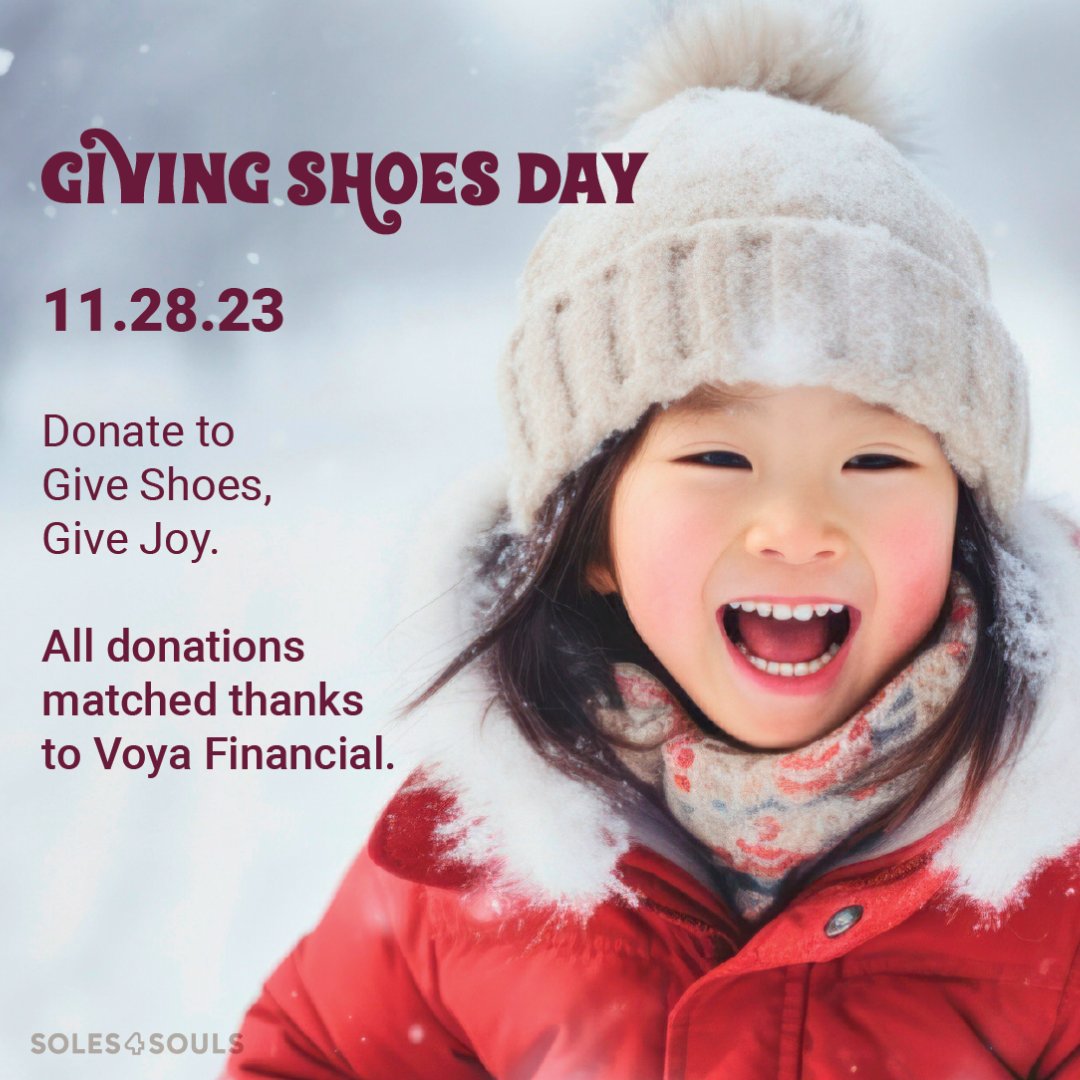 Soles4Souls's tweet image. Giving ShoesDay is exactly one week away and we have an exciting update! All donations are now matched thanks to Voya Financial. That means when you donate $20, TWO kids in need will receive brand new shoes! Double your impact today with the link below! 
soles4souls.org/giving-shoesda…