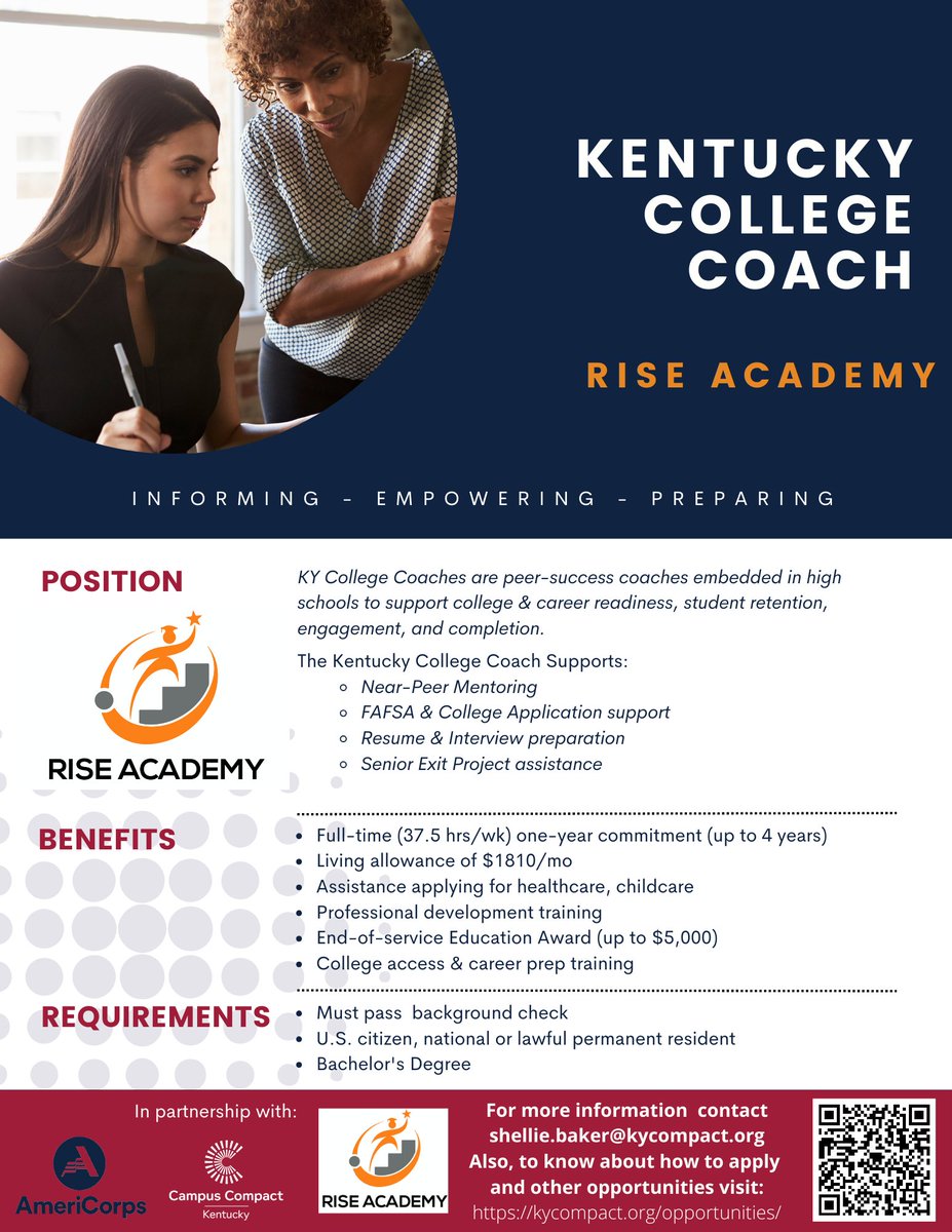 We're hiring for a College Coach at <a href="/RiseBoone/">Rise Academy (Boone County Schools)</a>! Visit kycompact.org/opportunities for more information on how to apply. #KyCC #KCC #KentuckyJobs #KHEAA #ServeKy #AmeriCorps #GetThingsDone #CollegeAccess #CollegeCoach #StudentSuccess #CommunityImpact #Education