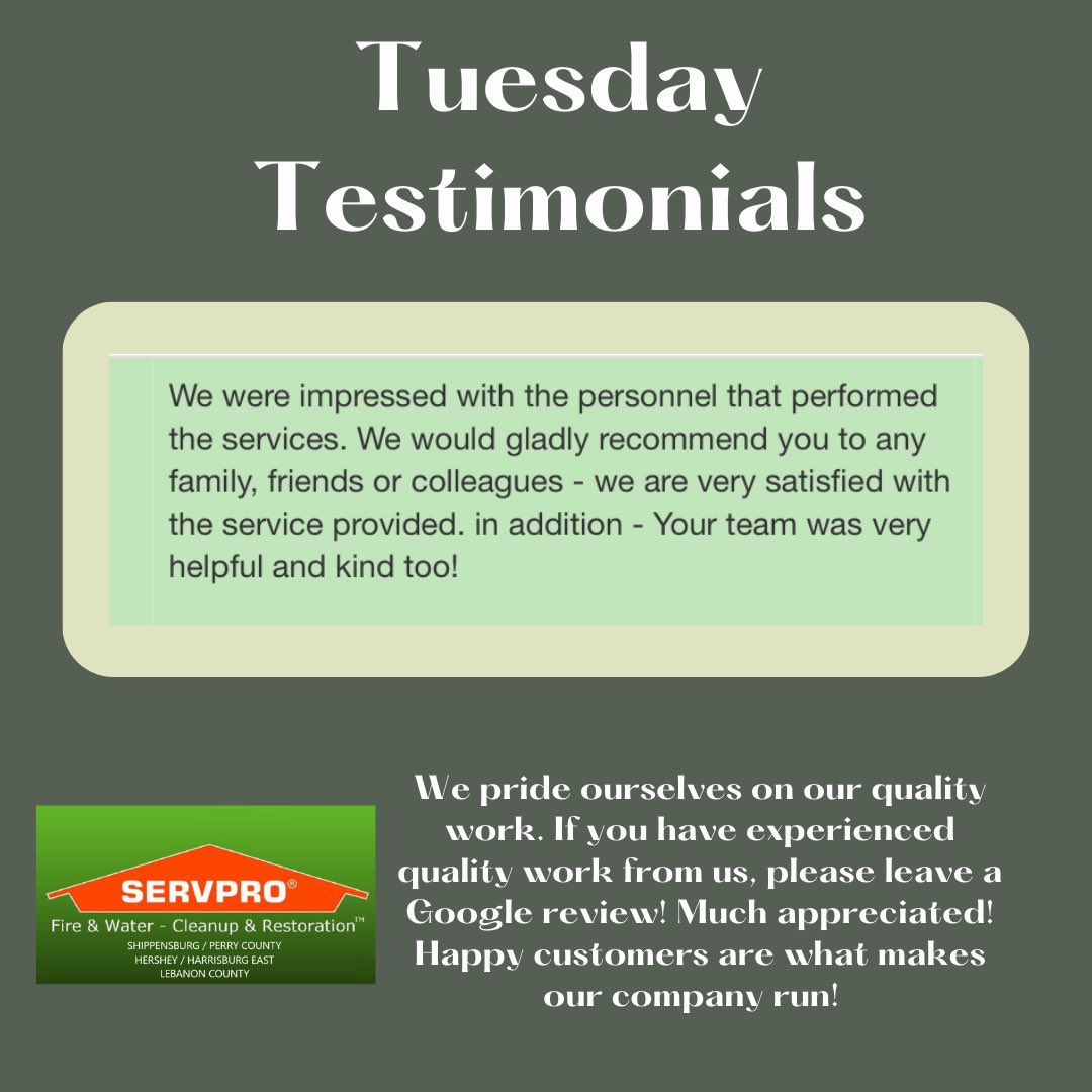 Testimonial Tuesday

#restoration #remediation #servpro #watermitigation #waterremediation #moldremediation #firedamagerestorationservice #firedamagecleanup